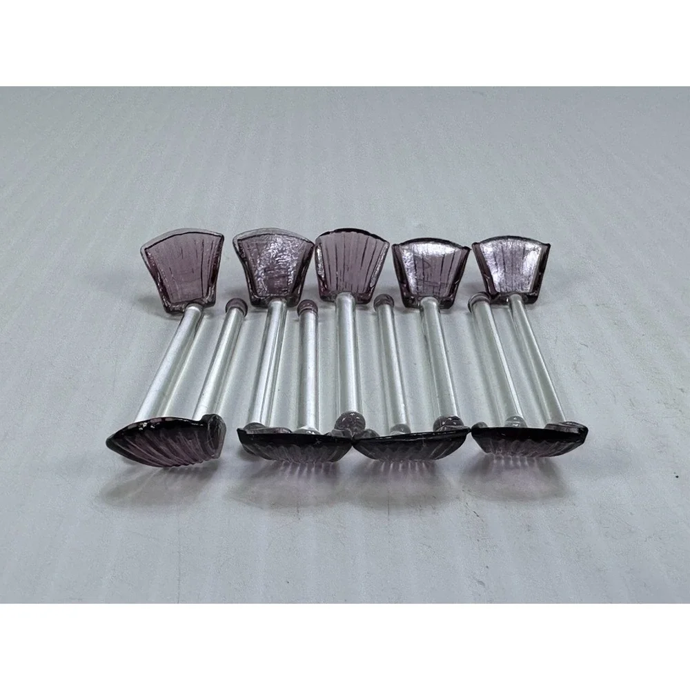 Lot Of 9 Vintage Amethyst Clamshell Shaped Glass Spoons Salt Cellars Condiments
